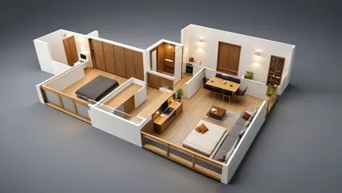3d Render floor plan, Bedroom with bed, kitchen with kitchen equipment,toilet, living room area, dining table, wardrobe, photorealistic ,a building with a lot of windows on top of it,new housing devel