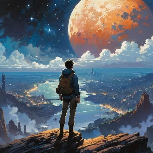 (Highly detailed CG Unity 8k wallpaper), A man looking up at the night sky, The most beautiful space art panorama, SF universe scenery, planet, Ed Blinky, Atey Gailan, Professional and spectacular pai