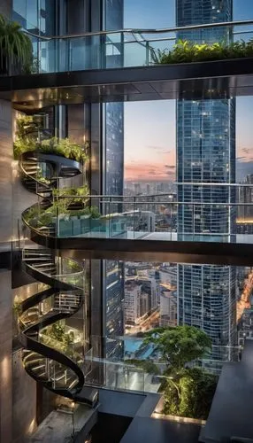 Modern skyscraper, sleek glass facade, intricate steel structure, rooftop garden, luxurious penthouse apartment, floor-to-ceiling windows, minimalistic interior design, marble floors, grand staircase,