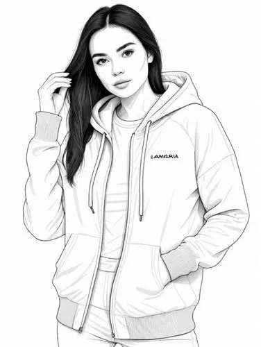 a girl in a hooded jacket is standing with her hands on her hair,tracksuit,hoodie,fashion vector,sweatshirt,sweatsuit,andreasberg