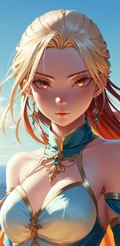 an animated woman in a  top and large gold earrings,beach background,zeta,balalaika,female warrior,sultana,sun bride,priestess,sun and sea,cayenne,sunburst background,smug,desert background,sun,summer