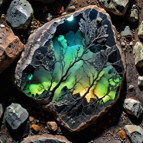 roccia spaccata , lavorata e levigata di colore nero, con all'interno minerali fluorescenti,a rock with a tree on it sitting next to some rocks,opals,olivine,colored rock,fossilized resin,tektite,opal