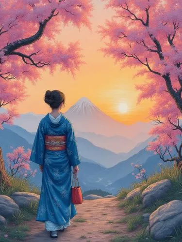 Photorealistic illustration of a woman in a blue kimono under a sunset, in a cherry blossom forest with mountains, ukiyo-e cinematic style, evoking Hokusai, --v 5 --ar 16:9 --q 2,a woman walking with 