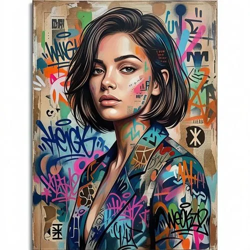 a painting of a girl, 21 years old, with graffiti, in the style of patrick demarchelier, mixed media marvel, johan messely, mona hatoum, celebrity portraits, combination of styles, avant-garde street 