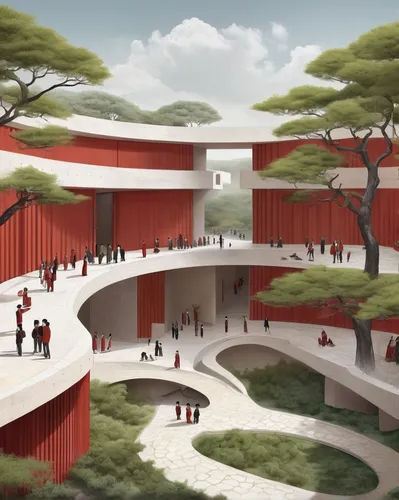 architectural plan for a building of (Song dynasty:1.2), red walls, round waving shape, (Tadao Ando style: 1.3),  inspired by Zha Shibiao, conceptual art, rammed earth courtyard, buddhist architecture