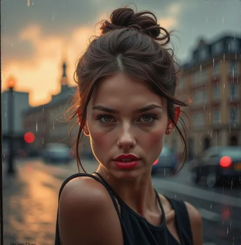 an oil paint portrait of a beautiful Caucasian young woman, 22 years old with brown hair, brown eyes, and red lips, she has her hair tied up with a bun, she is wearing a black dress with a neckline. S