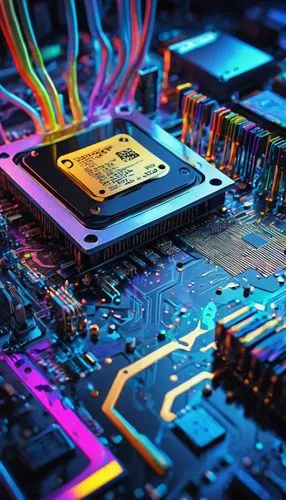 Microprocessor, CPU design, computer architecture, futuristic, metallic material, intricate details, circuit boards, wires, chips, heat sink, fan, motherboard, RAM, GPU, chipset, PCI slots, USB ports,