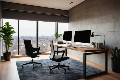 Modern minimalist home office, spacious desk with ergonomic chair, plenty of natural light, floor-to-ceiling windows, urban cityscape view, sleek laptop, multiple monitors, organized paperwork, decora