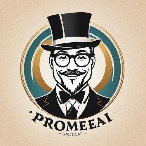 consultancy logo, consultant, Logo for Promeai on the theme of wiseman, smirk, vector, vintage, advice, glasses, circle logo, top hat, happy,pomade,pompadour,pioneer badge,prohibit,trombonist,prohibit
