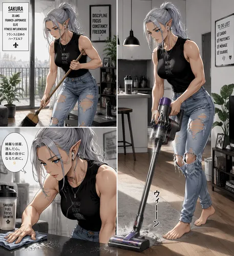 Manga style:

Sakura is a 35-year-old Franco-Japanese elf fitness influencer with an ethereal look. She has pointed ears. Her silver-grey hair is tied back in a ponytail, with a few strands framing he