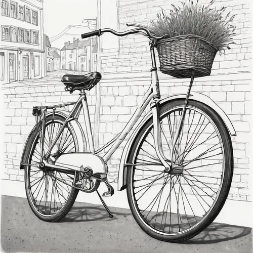 A black and white ink drawing of a classic-style bicycle, rendered with a slightly sketchy, hand-drawn aesthetic. The bicycle is shown in a three-quarter view, angled slightly to the right. The bicycl
