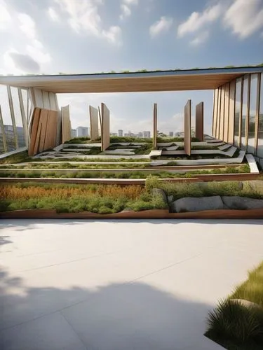 an outdoor area with many small plants and benches on the ground,prefab,prefabricated,pergola,perennials,grass roof,prefabs