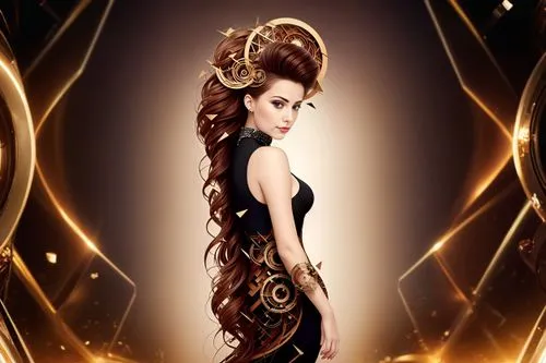 Футуристический фон,a woman wearing a long dress standing in front of a clock,hairpieces,hairpiece,art deco background,art deco woman,gold foil mermaid,award background,hairdressing salon,spiral backg