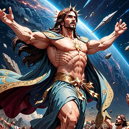 Jesucristo salvando a la humanidad de un meteorito, musculoso ,poseidon,god of the sea,zeus,perseus,cg artwork,christ star,greek god,sea god,poseidon god face,jesus figure,aquaman,helios,valhalla,conq