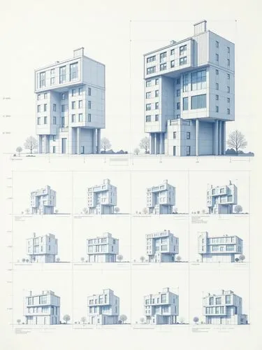 A diagram showing the process of building with each step represented by different architectural sketches and digital construction models of building structures and dimensions. The left side features t