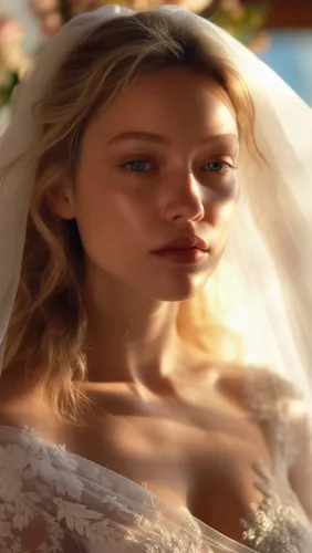 Under warm, golden light, a veiled bride in a sheer - sleeved wedding dress closes her eyes. She takes a deep breath, shoulders rising gently, then opens her eyes, a faint smile forming as she touches