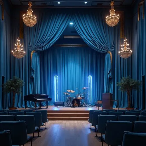 Powder blue music venue, luxurious interior design, velvet powder blue curtains, golden accents, ornate chandeliers, grand piano, spotlights, wooden flooring, soundproofing panels, comfortable seating