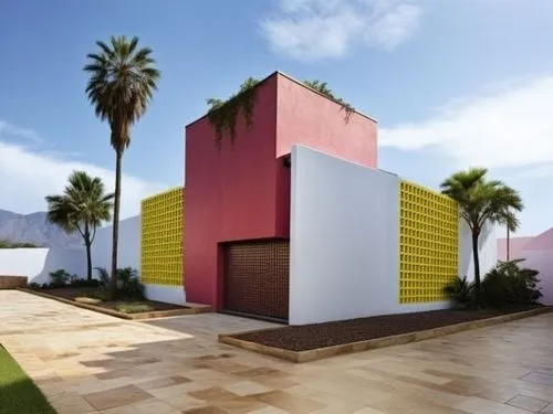 celosía arquitectónica de color amarillo vibrante, con patrón de retícula cuadrada uniforme
,a large red building sitting next to two palm trees,cube house,cubic house,dunes house,cube stilt houses,mo