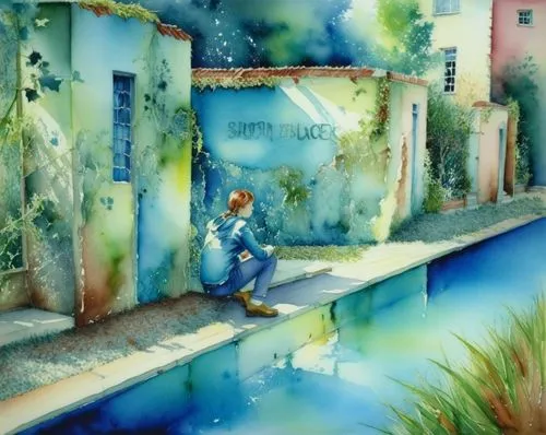 there is a painting that depicts the man at the watering hole,watercolor background,water colors,watercolor painting,water color,watercolor,watercolors