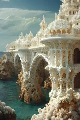 castle made of white coral,atlantis,imperial shores,fantasy city,ancient city,water castle,fantasy landscape,3d fantasy,house of the sea,fractal environment,dragon bridge,marble palace,fantasy world,t