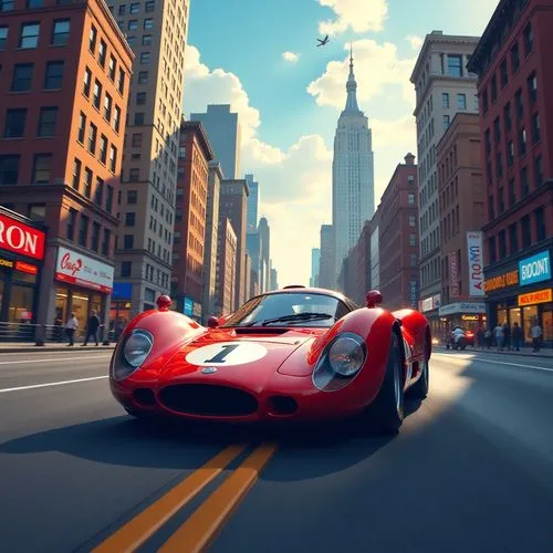 racecar racing on a road between the skyscrapers of New York, 1050s comic style, the word "Vrooooom..." written in the clouds,a red sports car is traveling down the street,laf,ferrari enzo,porsche car