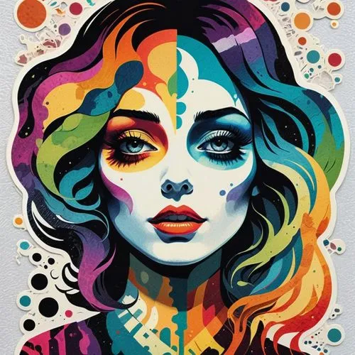 Multi-exposure portrait embracing beautiful seductive diversity, ambiguous gender representation, surreal psychedelic 70s flair, optical illusion elements, mixed media artwork on textured cracked pape