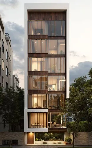 the very tall building is near the trees,penthouses,residential tower,glass facade,apartment building,an apartment,apartment block,condominium,modern architecture,cantilevered,multifamily,condos,sky a