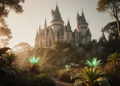 Cinematic picture of a near-fantastical castle integrated with nature, glowing soft warm light, surreal lush gardens with oversized plants and glowing flora, ethereal atmosphere.,large building with l