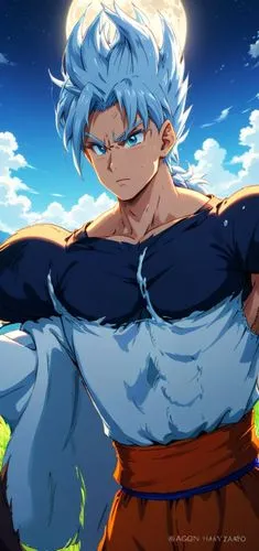dragon ball style cartoon,a boy with blue hair and a short white hair, in front of some grass,garrison,endeavor,blue tiger,sea god,blue sky,cerulean,dragon ball,blue moon,wily,oak,defend,dusk backgrou