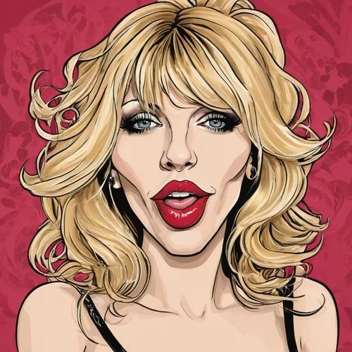 Create a caricature of Courtney Love,an artfully drawn drawing of a blond woman with lipstick,pop art style,pop art woman,loboda,pop art girl,rayon,cool pop art,Illustration,Abstract Fantasy,Abstract 