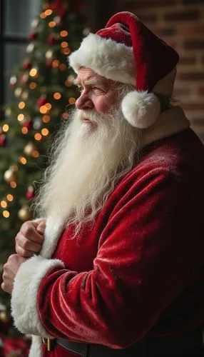 A elegant Christmas wallpaper featuring Santa Claus, styled with earthy tones tones, evoking a festive and cheerful atmosphere.,a man dressed up in red and white holding a bag,santa claus,santa,christ