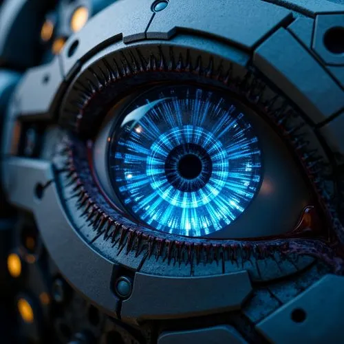 Hyperrealistic concept art. Macro shot. A single digital iris of an robot eye with integrated circuits glowing blue core, transparent glass-like exterior, intricate pixelated details, Splash art. Dram