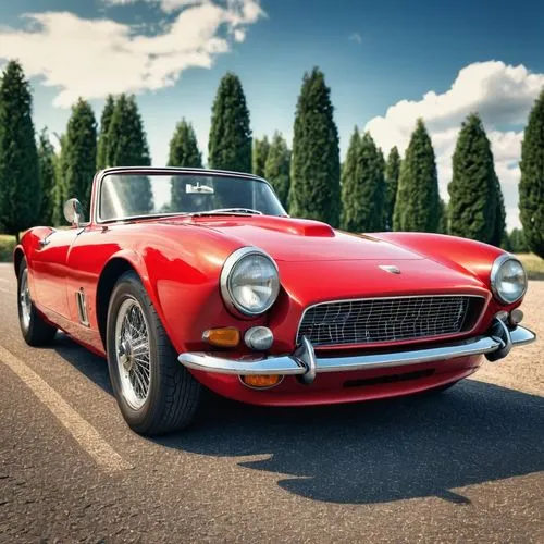 Old sports car,a red sports car sitting in a parking lot,cisitalia,triumph tr 6,roadster 75,american sportscar,barchetta,red vintage car,classic cars,classic car,fiorano,berlinetta,etype,sportscar,ame