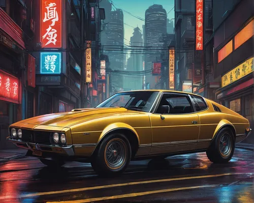 A vivid, retro-style illustration of a bucciali classic car, set against a lively urban backdrop, with neon lights illuminating the streets and creating an electrifying atmosphere, showcasing the city