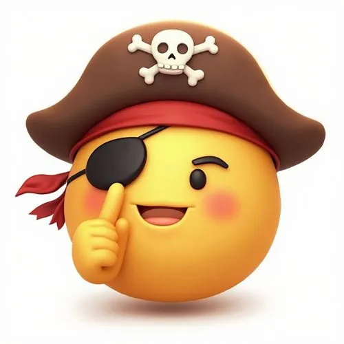 A digital illustration on a white background depicts a circular, yellow emoji character designed to resemble a pirate. The emoji sports a brown, wide-brimmed pirate hat adorned with a white skull and 