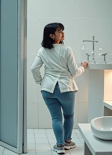 An oil paint of a beautiful caucasian young woman with short black hair standing on her back looking back in a chemistry laboratory close to ceramic table whit some plastic bottle and laboratory instr