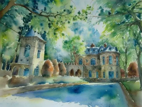 Особняк в парке, весна, солнце ,an image of a watercolor painting of an old building,watercolor,watercolor painting,watercolor background,watercolor cafe,watercolor sketch,watercolor paper