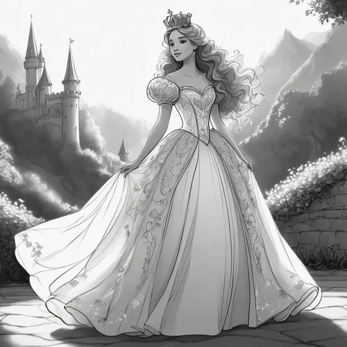 A grayscale illustration of a young woman styled as a princess, with delicate features, adorned in an ornately detailed gown with a heart-shaped neckline and puffy sleeves. She wears an elaborate crow