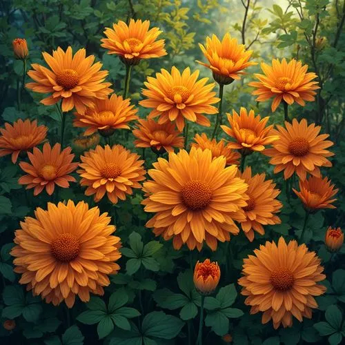 Create a vibrant illustration featuring a dense arrangement of orange flowers surrounded by lush green leaves. Emphasize the contrast between the bright orange petals, which should be stylized with bo