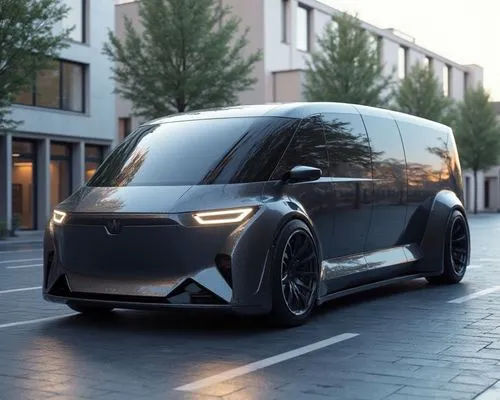 A high-performance electric urban van with carbon texture, the format is like a bus or a limousine, the vehicle is pure technological and a very futuristic design but their colors is textured with a m