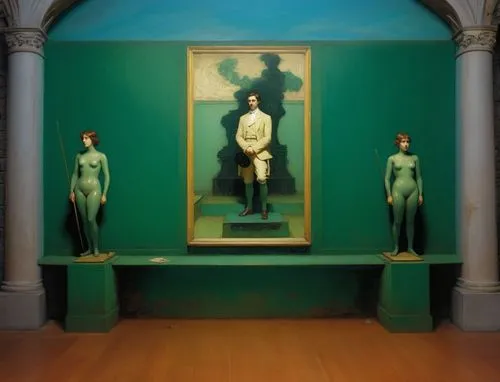 Decent art exhibition in a European castle. The two wax figures should be dressed in velvet and silk.,an image of a museum setting with paintings and statues,the sculptures,art gallery,figureheads,cur