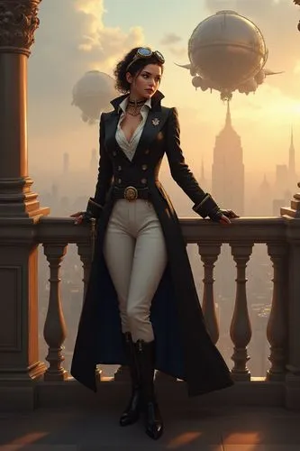 futuristic steampunk woman, standing on balcony, cityscape background, large airships, military uniform, black coat, white pants, black boots, aviator goggles, holding cane, Victorian style, golden ho