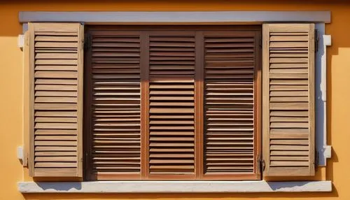 Retro architectural window shutter design, 1970-80s style, wooden louvers, horizontal slats, warm beige color, ornate metal hinges, small decorative screws, rectangular shape, symmetrical composition,