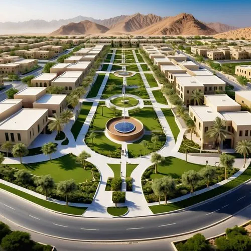 "Design a master subdivision plan for a modern, smart, and sustainable community located in Oman. The layout should integrate residential, commercial, and recreational zones harmoniously within the na
