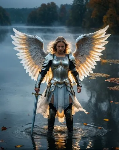 an angel with a raised sword stands in the middle of the lake in a mystical atmosphere,a woman with angel wings holding a sword,archangel,angel,the archangel,stone angel,angelic,angelman,Photography,G