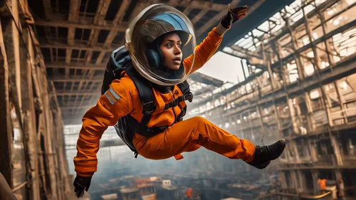 ultrafuturistic construction worker woman flying mid-air in a spacesuit in mumbai, in the style of the photography book “The Suffering of Light” by photographer Alex Webb. Master photo with excellent 