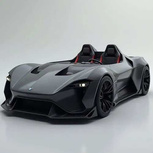 A bold and industrial electric sports car with a focus on raw performance and power. The vehicle has a low profile with sharp edges and a muscular stance. The body is finished in matte charcoal black,