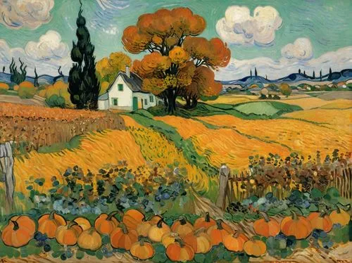 An impressionist painting by A. Cottobelli depicts an autumnal pumpkin field in vivid detail. The foreground showcases a rich, brown soil textured with visible roots and stems of pumpkins, their vibra