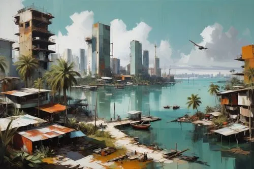  Game Scene, Wild angle view  Game Scene, Wild angle view a beautiful utopia  futuristic city, on the lake shore, modern and organic  buildings and some palms on the shore. In the foreground we can se