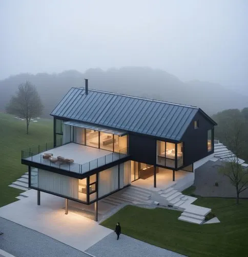 Modern House on the Hill,passivhaus,snohetta,roof landscape,modern house,danish house,cubic house,modern architecture,metal roof,frame house,cube house,grass roof,house in mountains,folding roof,house